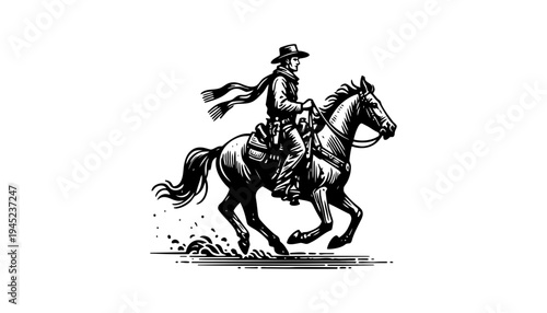 A cowboy riding a horse in a vintage illustration style