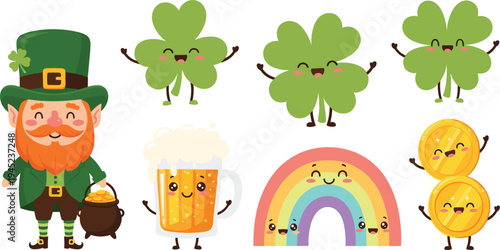 Cute Cartoon St. Patrick's Day Elements with Leprechaun, Clover, Rainbow, Gold Coins, and Beer Mug for Festive Illustrations and Designs