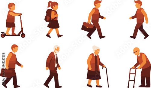 Human Walking Life Stages Collection with Child on Scooter, Student with Backpack, Business People and Elderly Seniors with Cane and Walker Vector Set