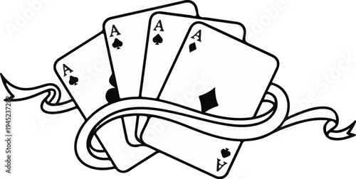 Four aces fanned with a ribbon wrapped around