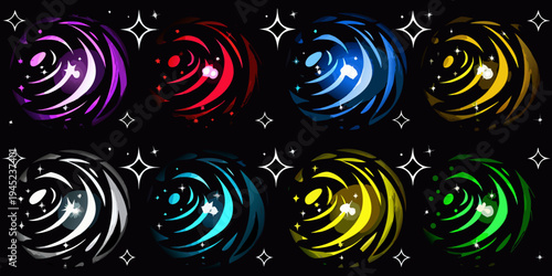 Eight colorful swirling shapes resembling eggs with sparkling details