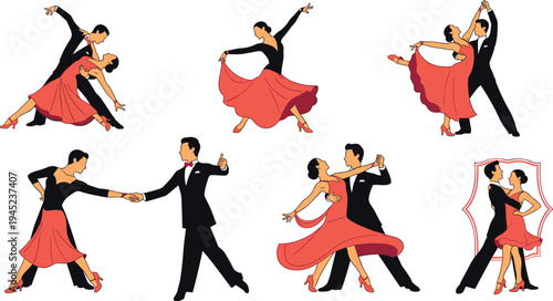 Ballroom Dance Couple Pose Collection with Elegant Latin and Waltz Dancing Partners in Formal Costume Vector Illustration Set