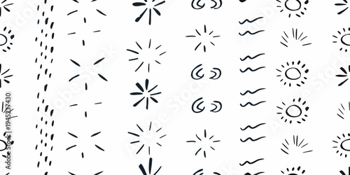 Abstract black and white pattern with suns lines and wave shapes