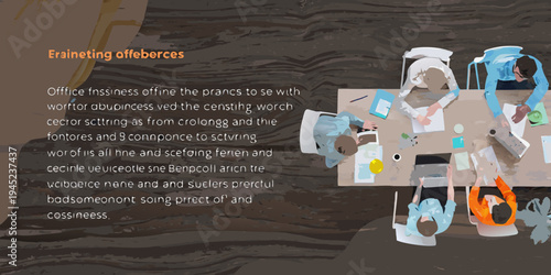 Abstract illustration of people working at a desk with distorted text