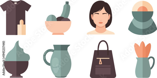 Collection of simple, flat-design icons featuring apparel, food, and home goods