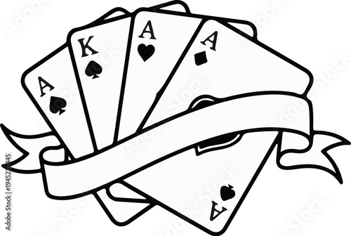 Four playing cards, including a king and aces, displayed with a banner