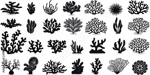 Collection of diverse black coral silhouettes on a white background