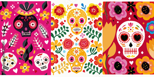 Colorful sugar skull patterns arranged in a vibrant vertical triptych
