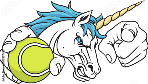 A unicorn cartoon character holding a tennis ball in its hand