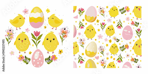 Cute easter chicks eggs and floral elements in a repeating pattern