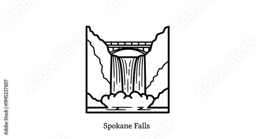 Spokane Falls Waterfall and Bridge Icon Illustration