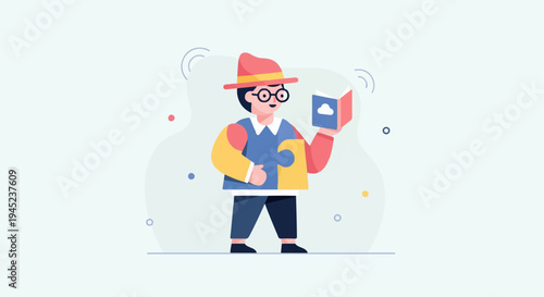 Flat design of a child with puzzle pieces and a book, learning