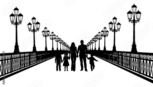 Family silhouette walking on a bridge with street lamps at night
