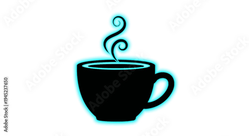 Steaming Coffee Cup Icon with Neon Glow