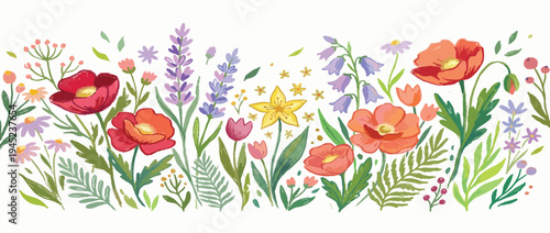Funky childish crayon drawn flowers, meadow plants and stems.