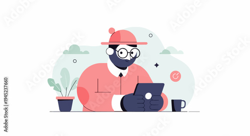 Flat design of a person with glasses and a hat looking at a tablet