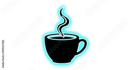 Steaming Hot Coffee Cup Icon with Blue Neon Glow, Minimalist Design