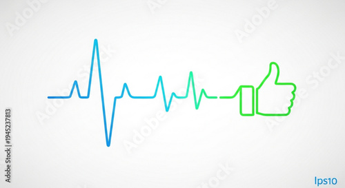 Heartbeat rhythm with thumbs up symbol signifying approval and good health on a clean background