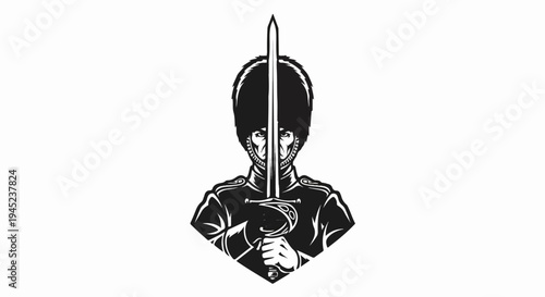 Fierce guard in bearskin hat holds a sharp sword, sternly facing forward