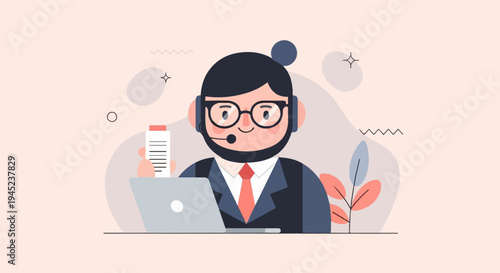 Friendly agent with headset smiles while holding a document near a laptop