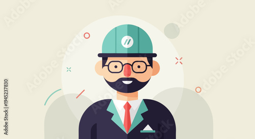 Flat illustration of a man wearing a hard hat, glasses, and suit