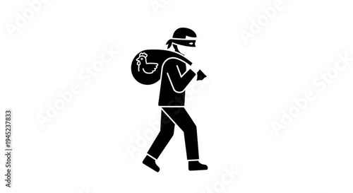 Thief carrying stolen chicken in sack, silhouette icon