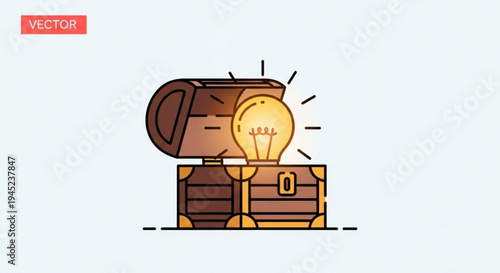 Brown treasure chest with glowing lightbulb emerging from open lid symbolizing idea and innovation