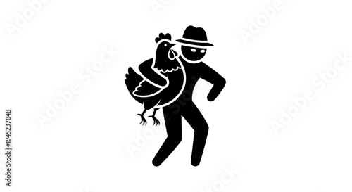 Thief in Hat Stealing Chicken, Silhouette Icon