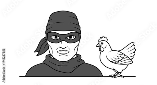 Thief in disguise with a chicken, crime, rural theft, farm animal, funny concept