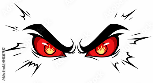 Fierce red eyes with flames burning within, framed by sharp black brows