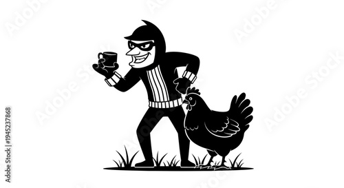 Thief Stealing Coffee Cup Next to Chicken, Funny Cartoon Illustration