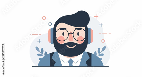 Flat illustration of a man with beard, glasses and headphones