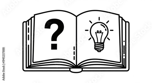 Open book with question mark and light bulb on white background symbolizing ideas and inspiration