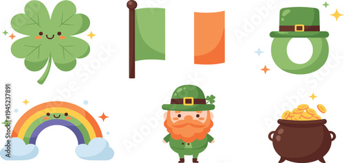 Cute St. Patrick's Day Illustrations Set with Shamrock, Leprechaun, Rainbow, Pot of Gold, and Irish Flag for Holiday Designs