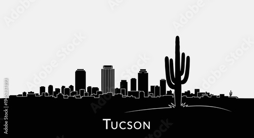 Tucson Skyline Silhouette with Saguaro Cactus - Arizona Cityscape