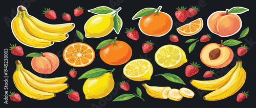 Funky crayon fruit stickers with chalk texture on black transparent background. Hand drawn playful colorful fruit clipart. Cute banana, strawberry, peach and lemon stickers. Childish naive style.