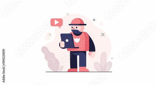Flat illustration of a person holding a laptop and looking at a play button icon
