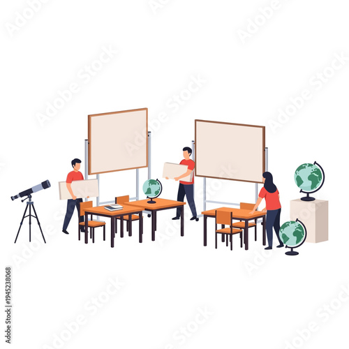 People working to arrange classroom equipment for science education