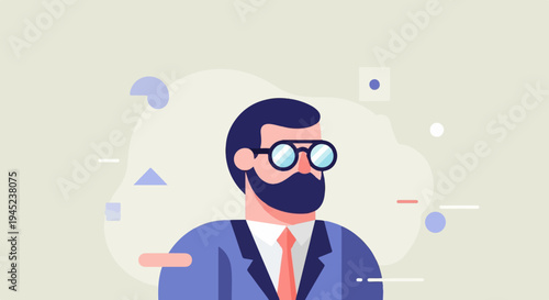 Flat illustration of a man with beard, glasses, suit, and tie
