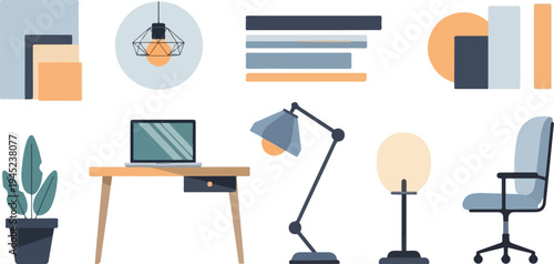 Flat graphic design elements for a modern office workspace with desk, chair, laptop, lamps