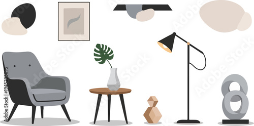 Minimalist interior design elements with abstract art and furniture