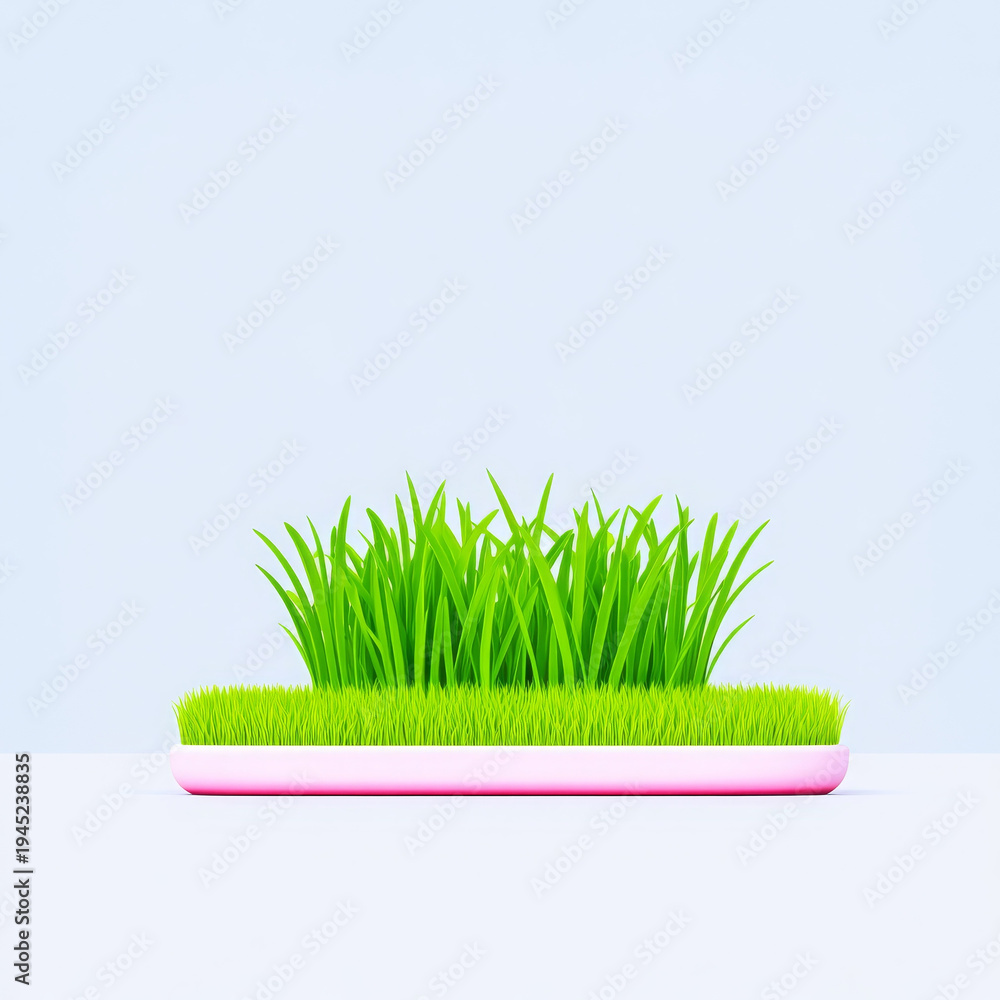 Naklejka premium Fresh green grass on white tray, minimal style, isolated on light blue background, cheerful mood