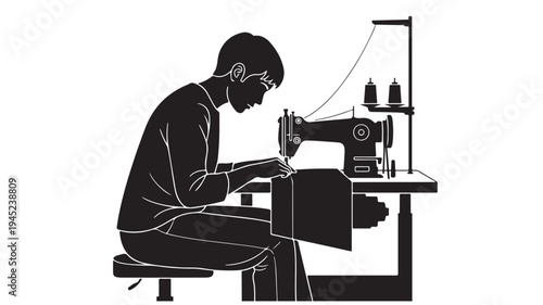 Vector illustration of a man sewing with a machine