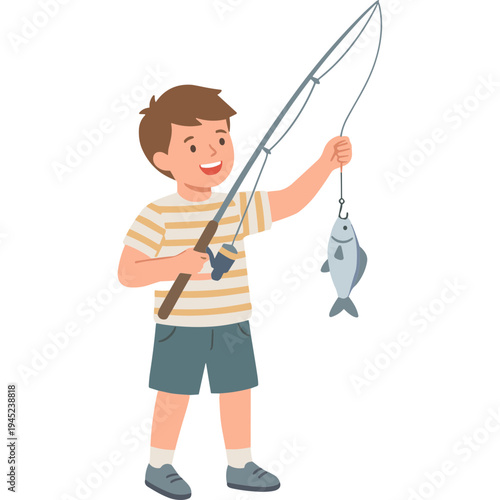 A young boy excitedly holds up a fishing rod with a caught fish.