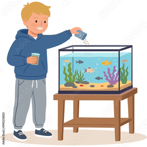 Boy feeds colorful fish in aquarium on wooden table indoors