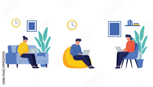 Laptop vector illustration of people working remotely in different settings