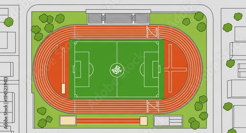 Aerial view of a sports stadium with running track and field.