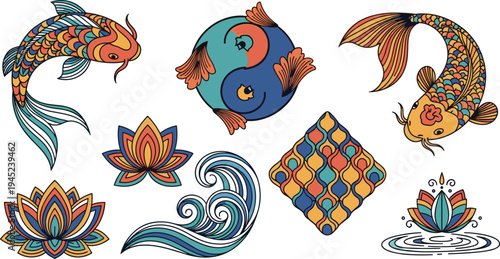 Colorful Koi Fish and Lotus Decorative Vector Set with Japanese Style Waves Mandala Patterns and Ornamental Fish Illustration