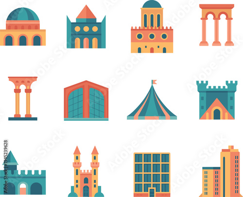 Vector illustration of diverse architectural buildings including mosque, church, government dome, ruins, circus tent, castles, apartments, and skyscrapers showcasing historical, cultural, modern, and 