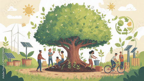 People planting and nurturing a large tree with green leaves in a sunny park with solar panels and wind turbines promoting eco friendly living and sustainability
